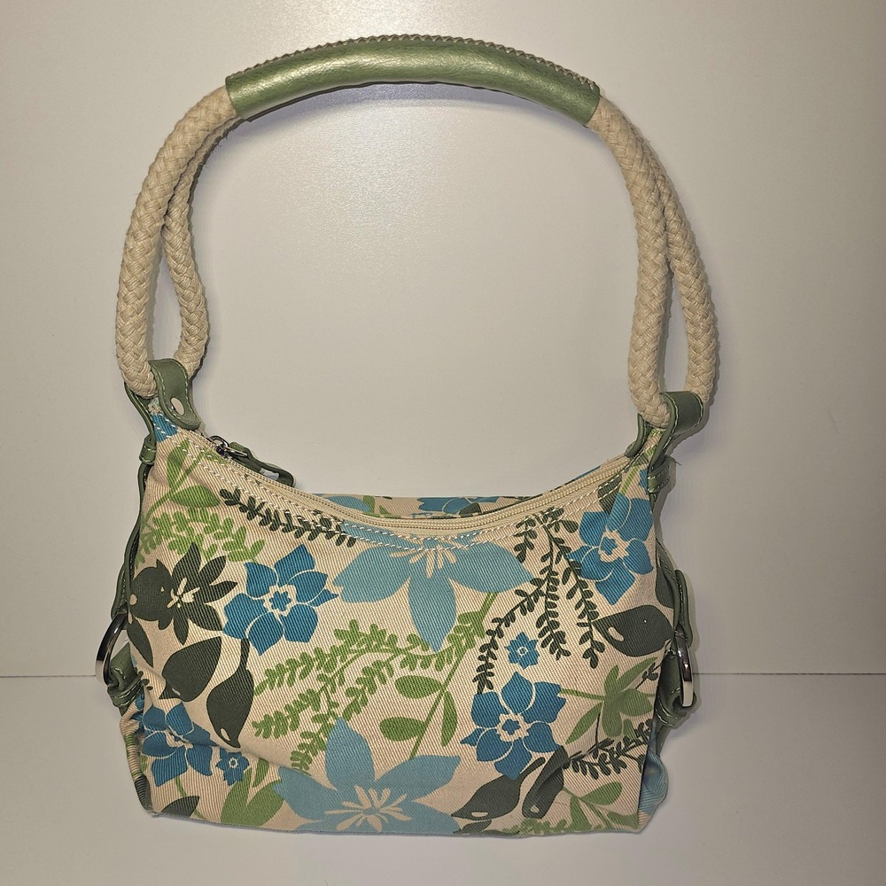 Vintage Tommy Hilfiger Blue/Green Floral Canvas Hobo Style Purse - Rope Handle